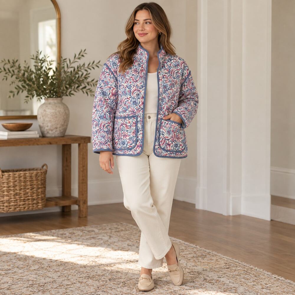 7 For All Mankind Floral Paisley Quilted Jacket M Cotton Boho Blue Pink